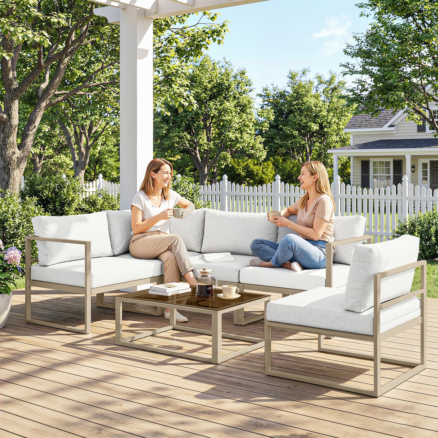Outsunny 6 Seater Aluminium Garden Furniture Set With Thick Cushions For Patio And Balcony Outdoor White