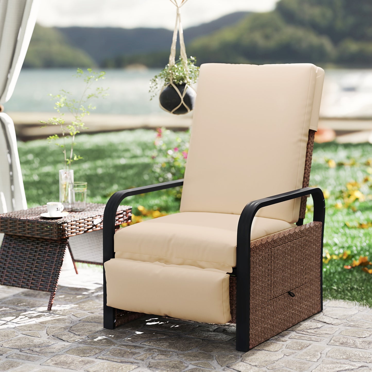 Outsunny 140 Degree Reclining Rattan Armchair With Footrest And Cushioned Seat In Brown Khaki