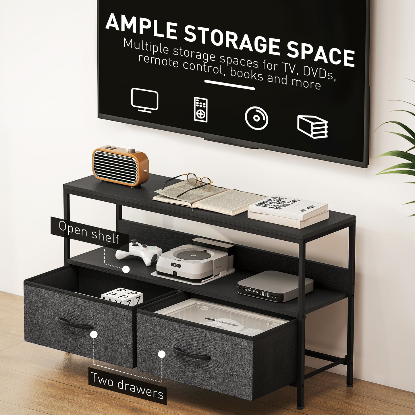 HOMCOM Two Tone Black TV Stand Cabinet With Two Foldable Drawers For Up To 47 Inch TV Entertainment Center