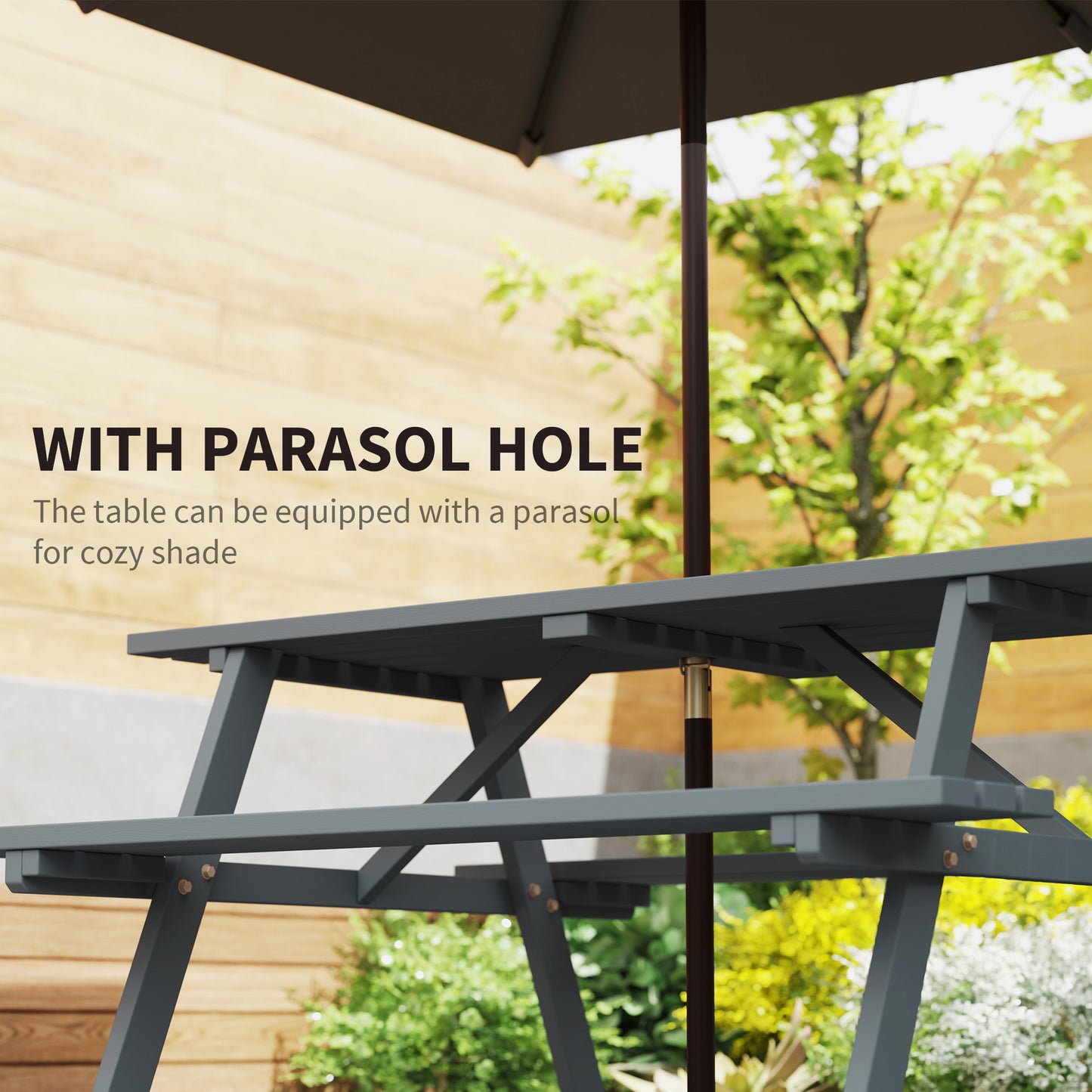 Outsunny 6 Seater Wooden Picnic Table Bench For Outdoor Garden And Patio With Parasol Cutout 150 Cm Grey