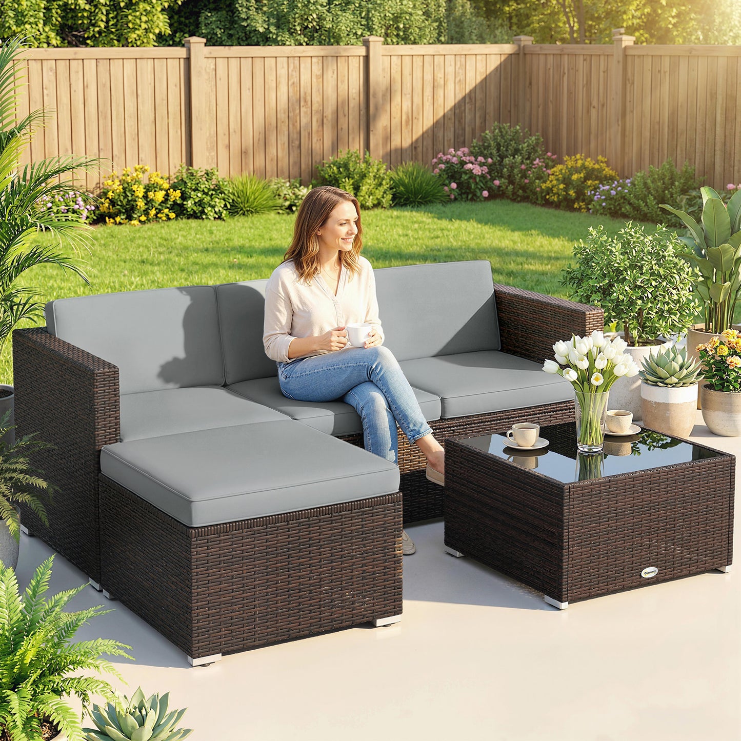 Outsunny 3 Pieces Garden Furniture Set With Cushions PE Rattan Wicker Conversation Corner Sofa Set Light Grey
