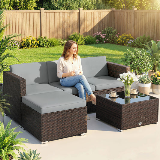 Outsunny 3 Pieces Garden Furniture Set With Cushions PE Rattan Wicker Conversation Corner Sofa Set Light Grey