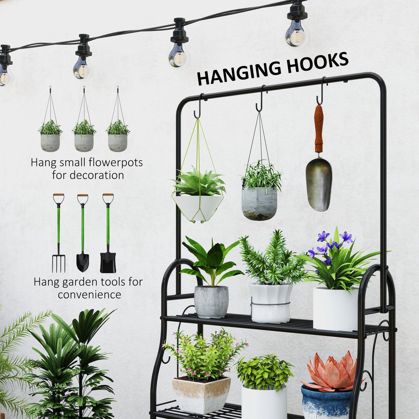 Outsunny 3 Tier Plant Stand With Hanging Rod And Hooks Metal Rack For Indoor Outdoor Porch Balcony Black
