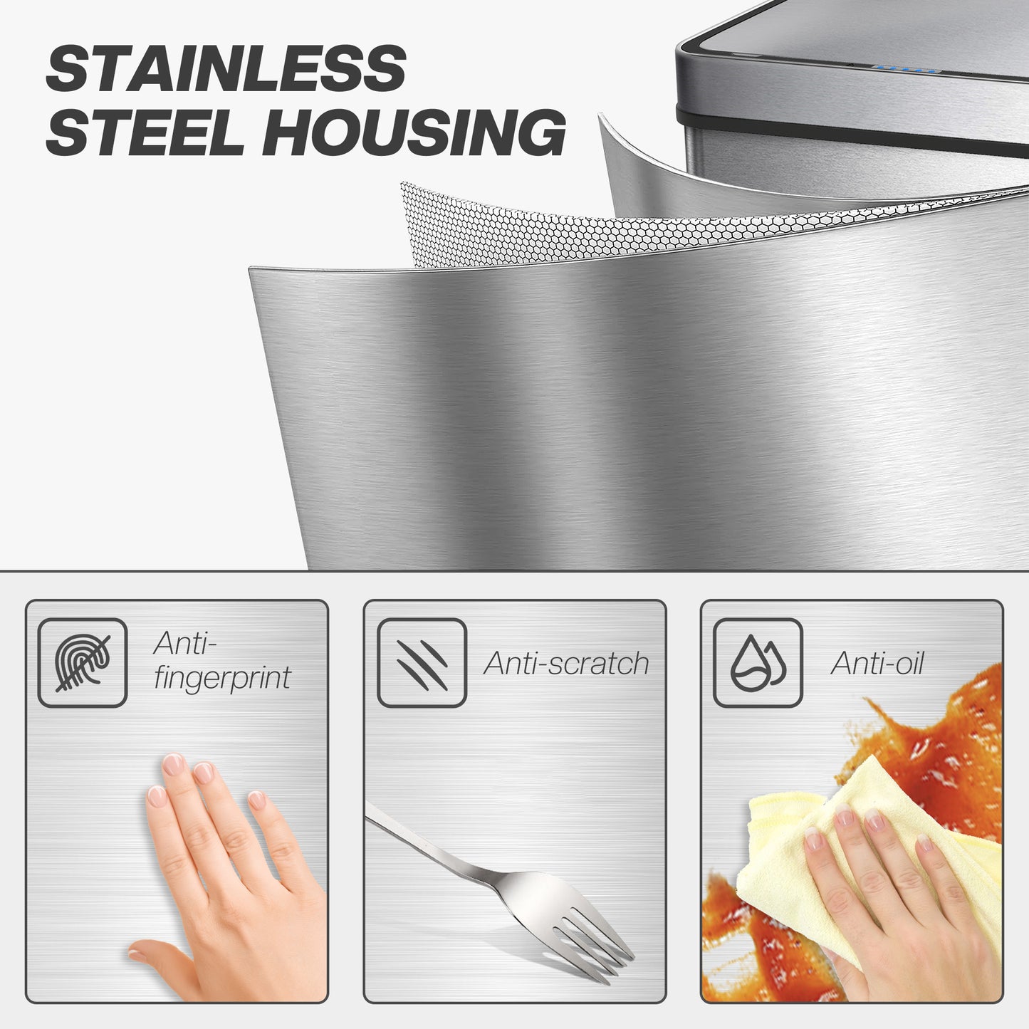HOMCOM 60 L Sensor Bin With Soft Close Lid Fingerprint Proof Stainless Steel Silver Tone Touchless Trash Can