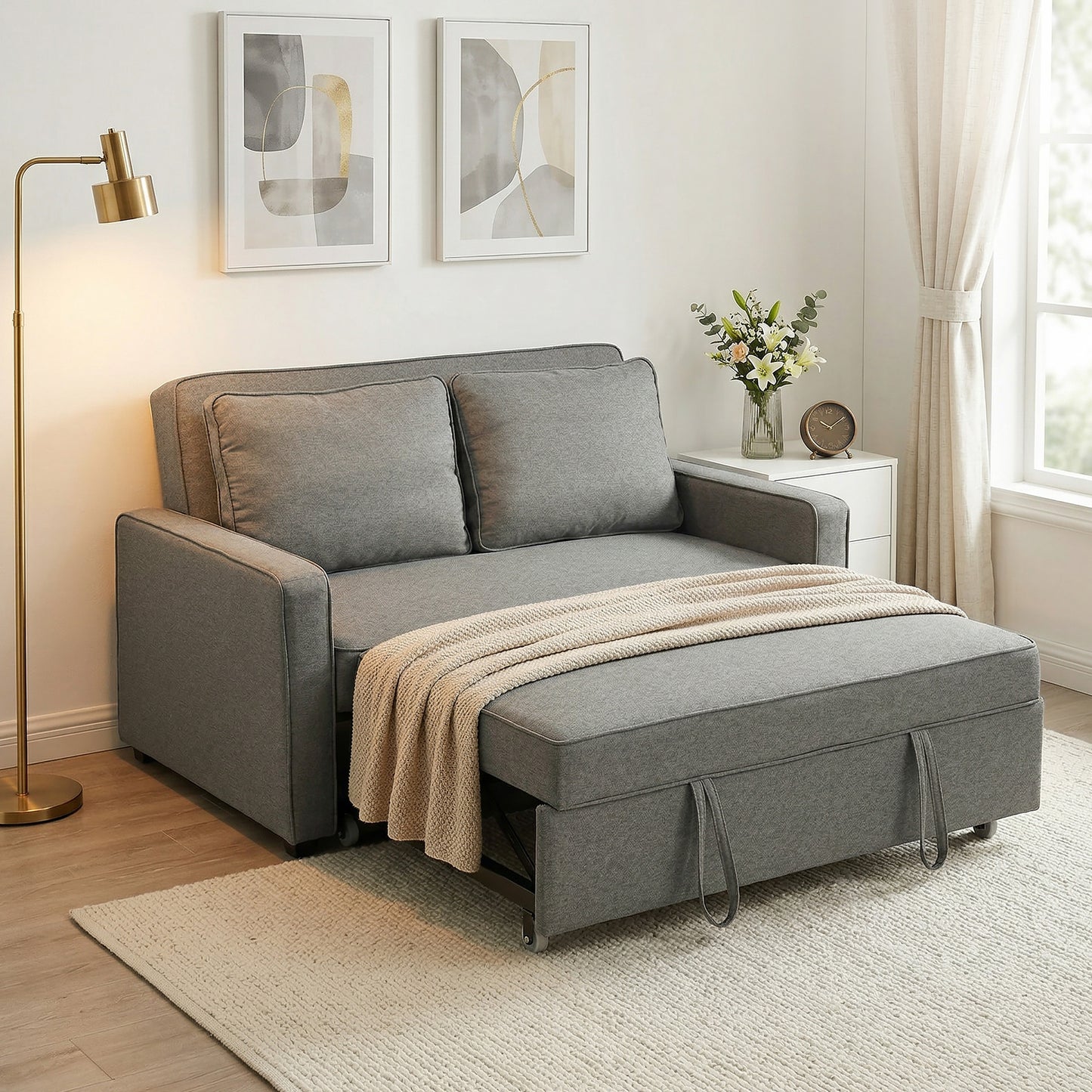 HOMCOM 3 In 1 Click Clack Two Seat Sofa Bed With Adjustable Backrest And Pull Out Bed For Living Room And Bedroom Grey
