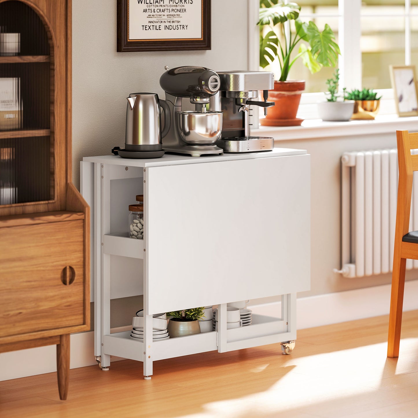 HOMCOM Four Person Drop Leaf Dining Table In White With Metal Frame And Sturdy Particle Board Panels