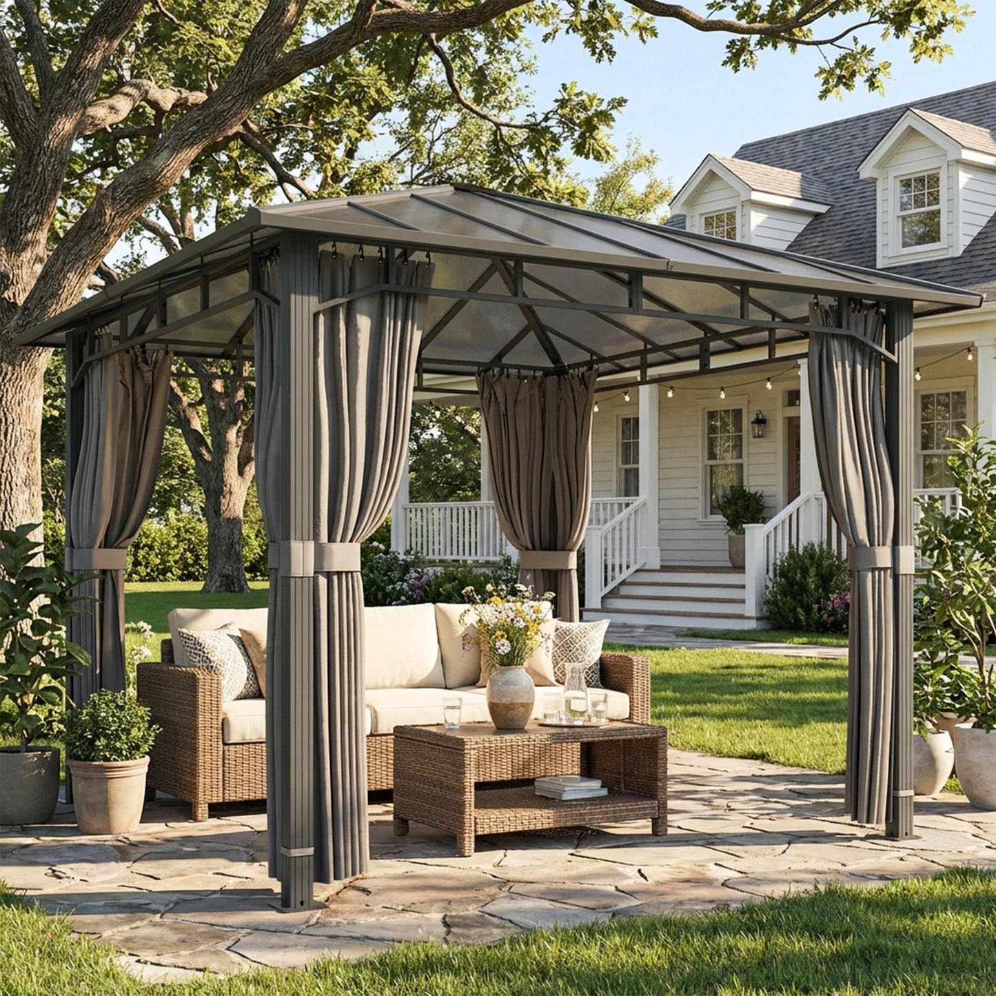 Outsunny 3 X 3 M Outdoor Hardtop Gazebo Canopy With Polycarbonate Roof Aluminium Pavilion Gazebo With Curtains Tan
