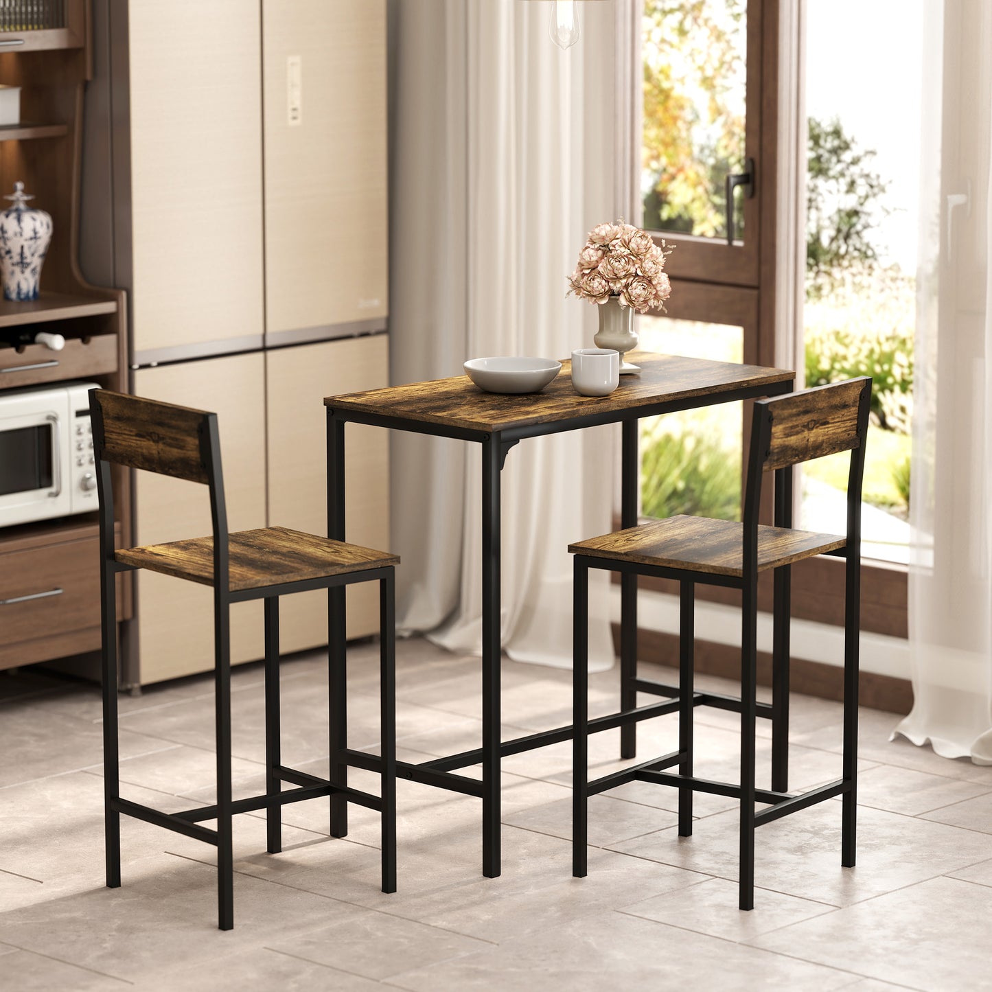 Homcom 3 Piece Bar Table Set With 2 Stools Breakfast Bar Set With Footrest Backrest For Dining Room Small Space