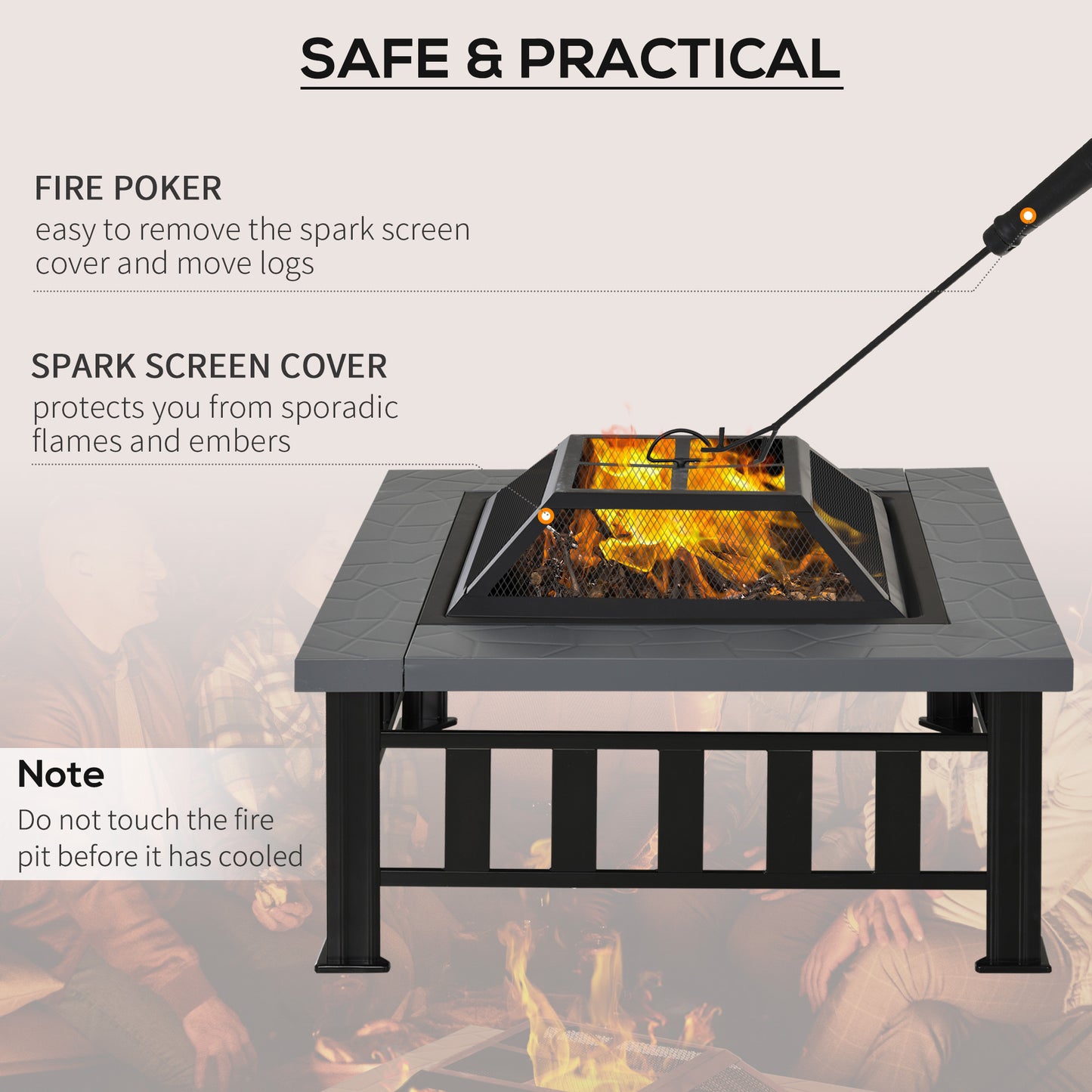 Outsunny Outdoor Square Fire Pit With Rain Cover And Log Grate For Backyard Camping BBQ Bonfire 86 x 86 x 54cm Black