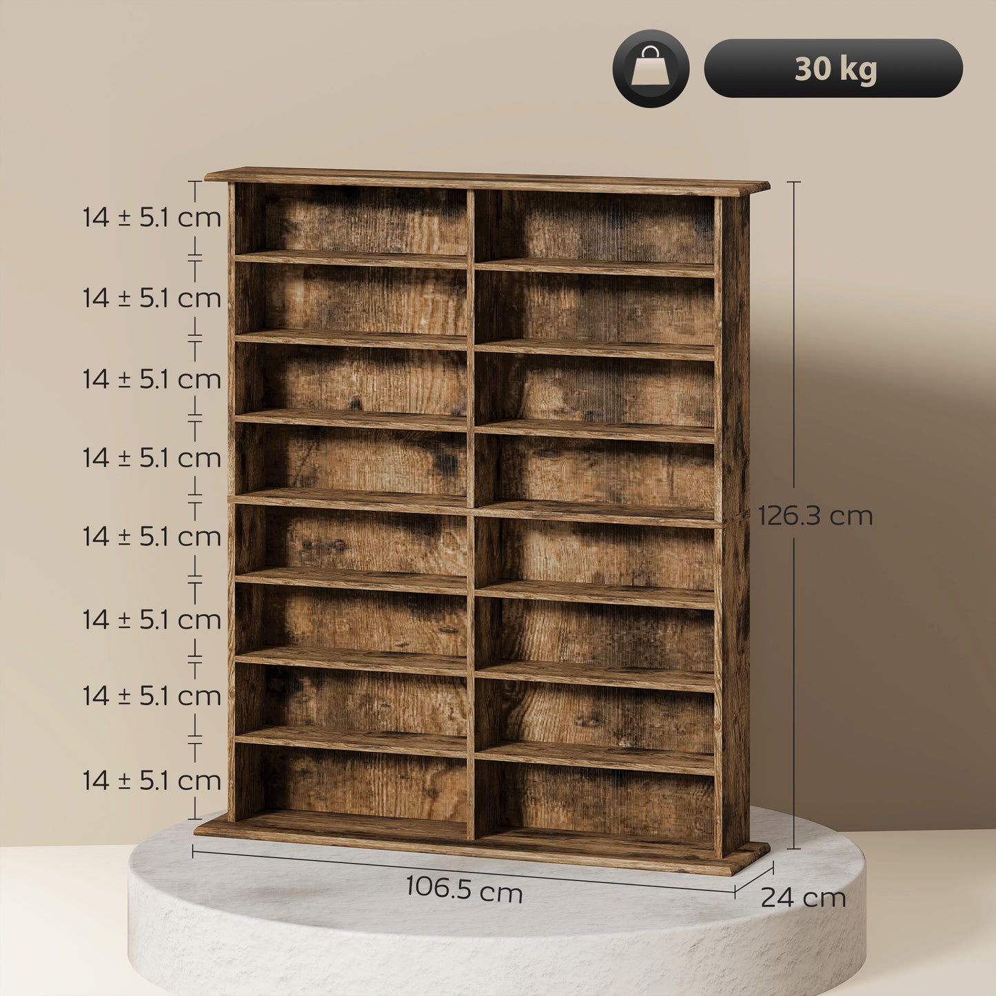 HOMCOM 16 Compartment Media Shelf Rustic Brown with Adjustable Shelves Holds 720 CDs 396 DVDs Blu Rays