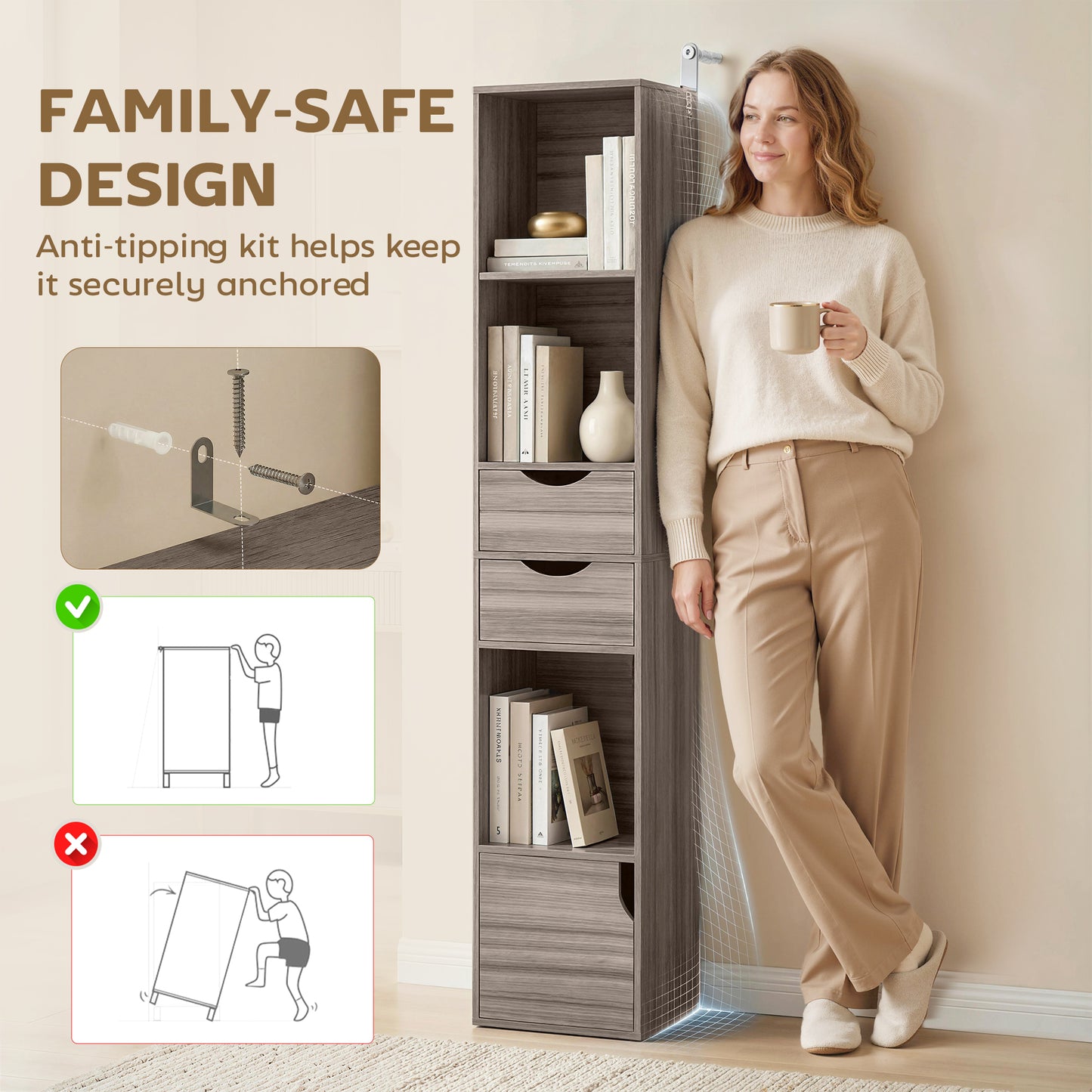 HOMCOM 158 Cm Grey Bookcase With Two Drawers And Cabinet Adjustable Shelves Open Storage For Living Room Or Office