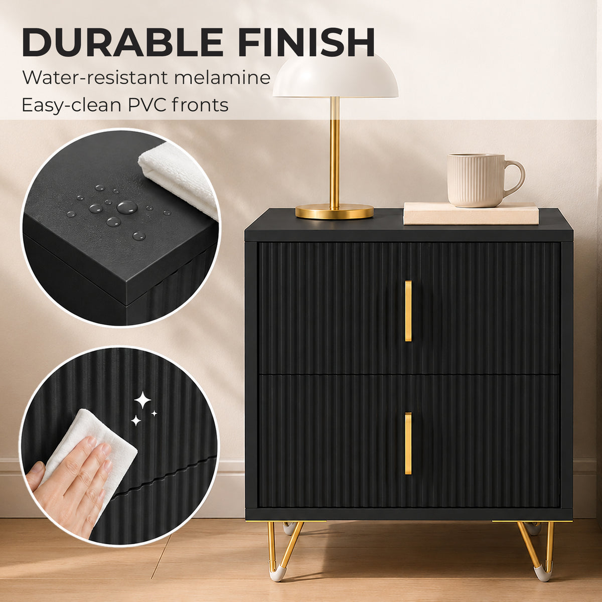 Homcom Elegant Fluted Bedside Table With Two Drawers And Gold Handles
