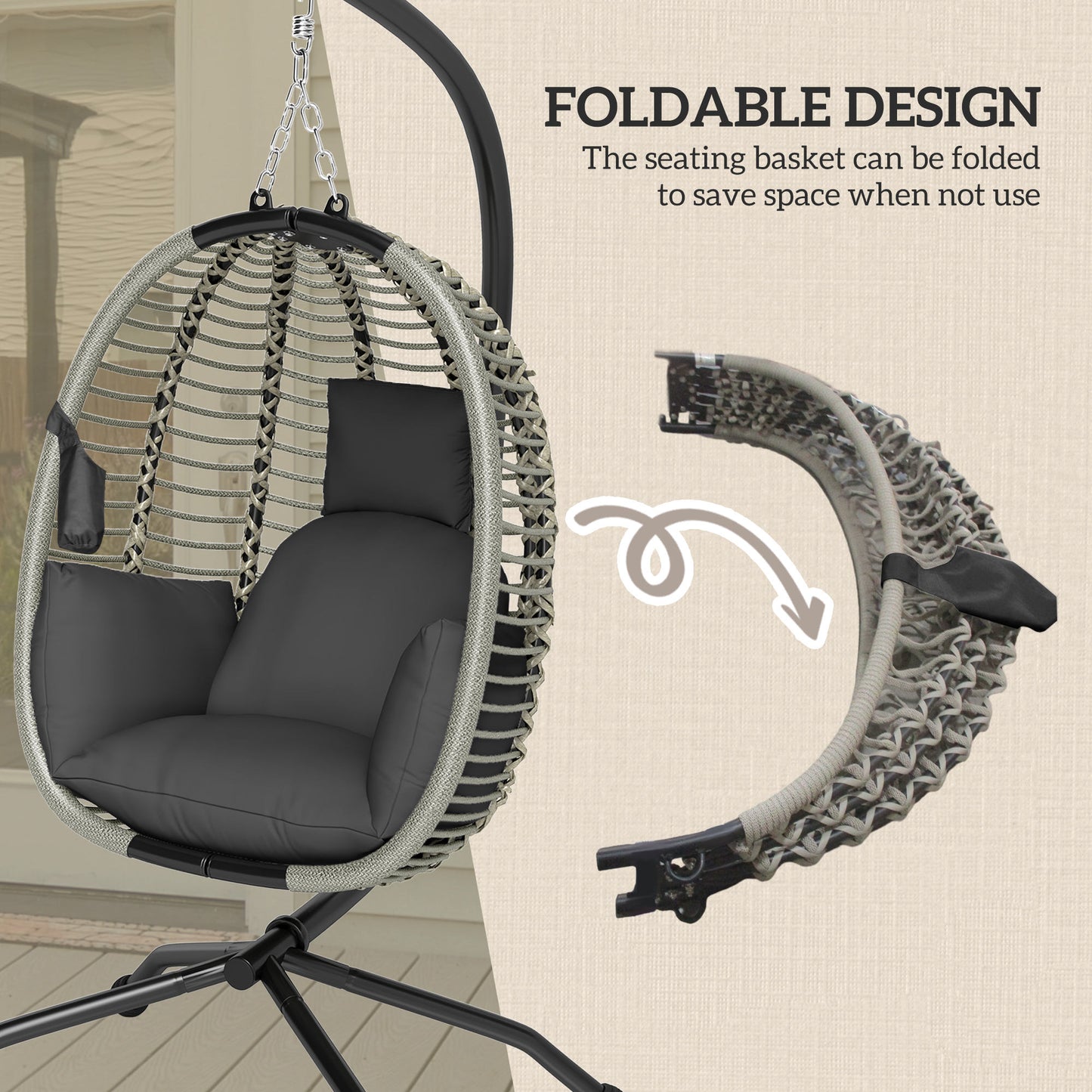 Outsunny Outdoor Hanging Egg Chair With Thick Padded Cushion And Metal Stand Foldable Basket Cup Holder