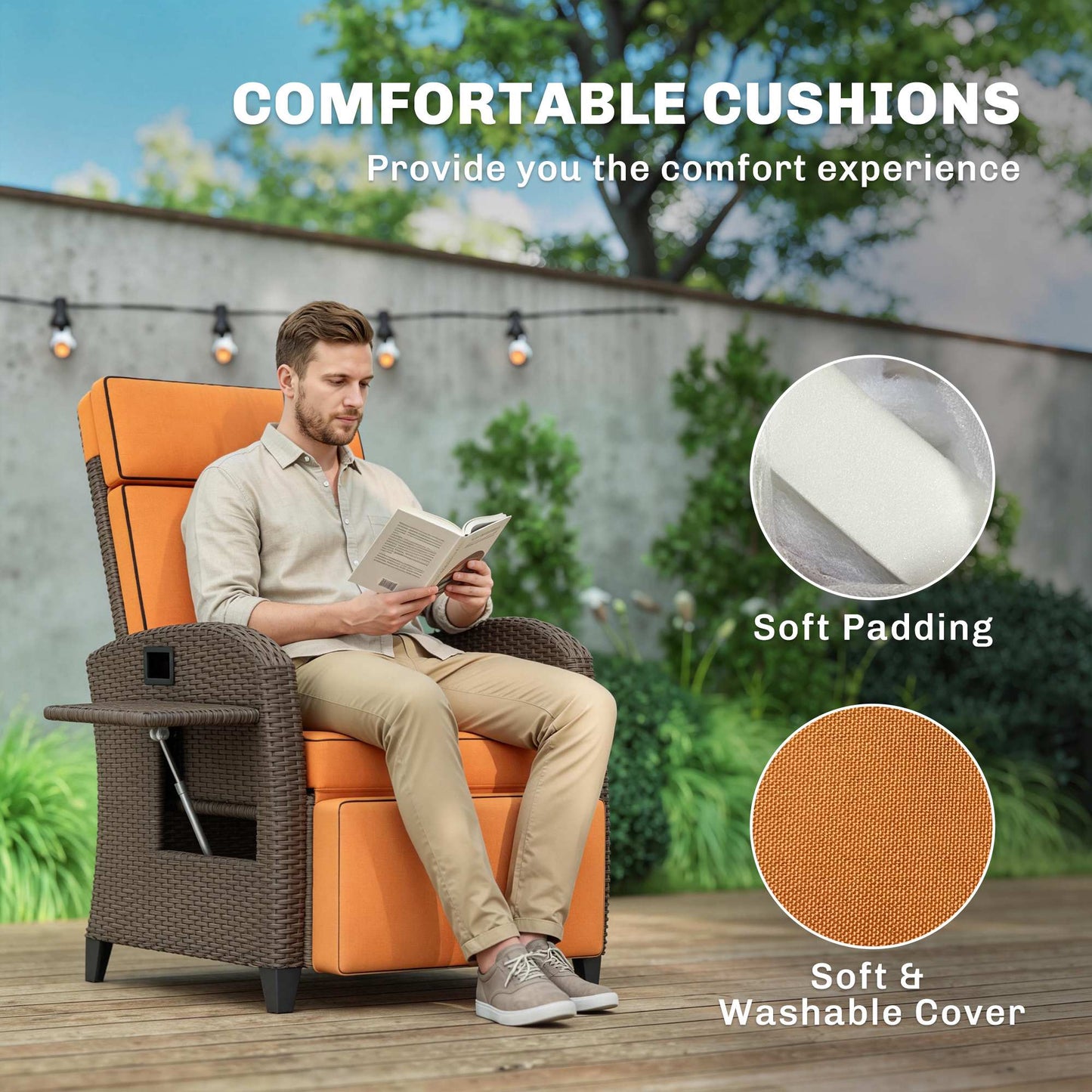 Outsunny Outdoor Garden Recliner Chair With Cushion, Adjustable Backrest And Footrest, Side Tray, Orange