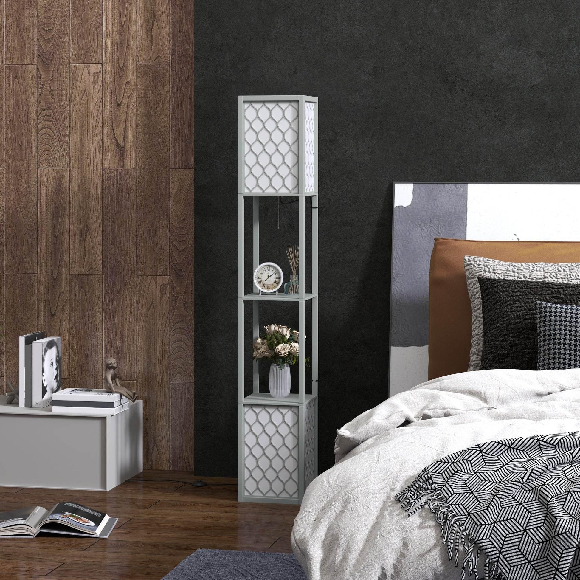 Modern Light Grey Standing Floor Lamp with Dual Shelves and Pull Chain Switch - ALL4U RETAILER LTD