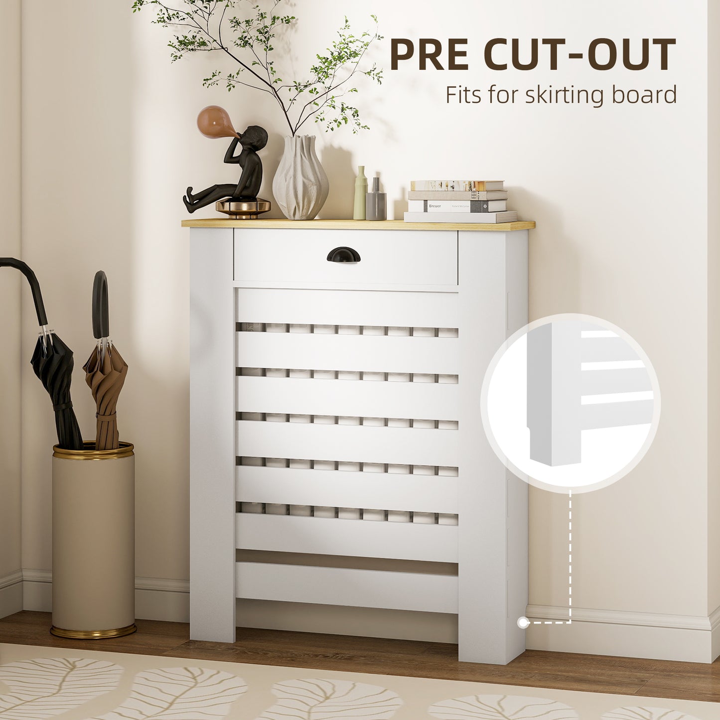 HOMCOM Radiator Cover With Drawer 95.5H x 78W cm White Slatted MDF and Particle Board