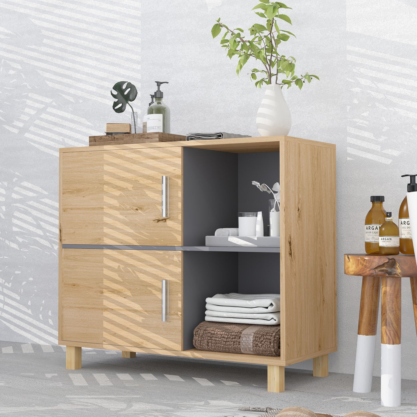 HOMCOM Freestanding Bathroom Cabinet With Open Compartments And Double Doors For Extra Storage