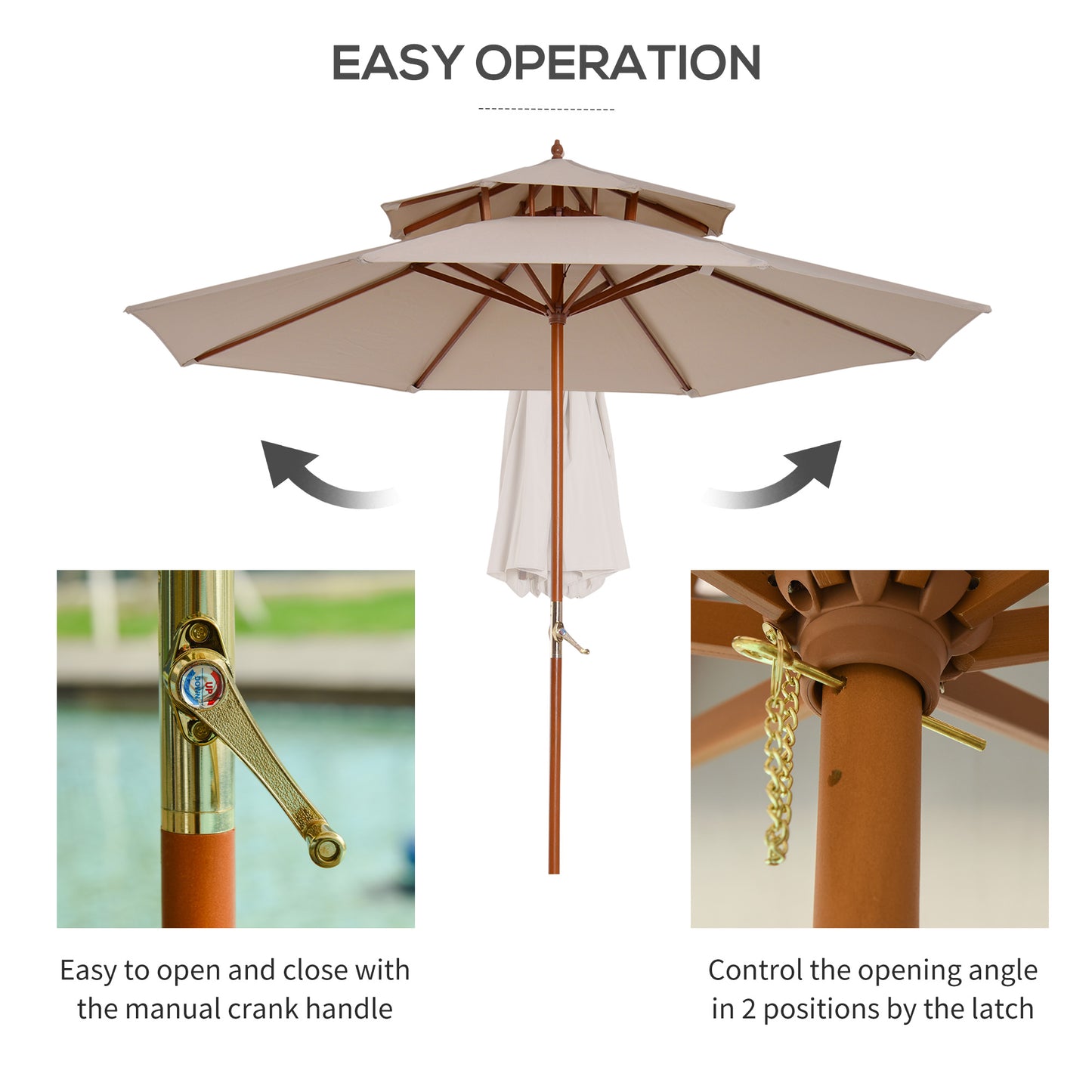 Outsunny 2.7m Wooden Parasol With Two Tier Canopy For Garden Outdoor Shade Beige
