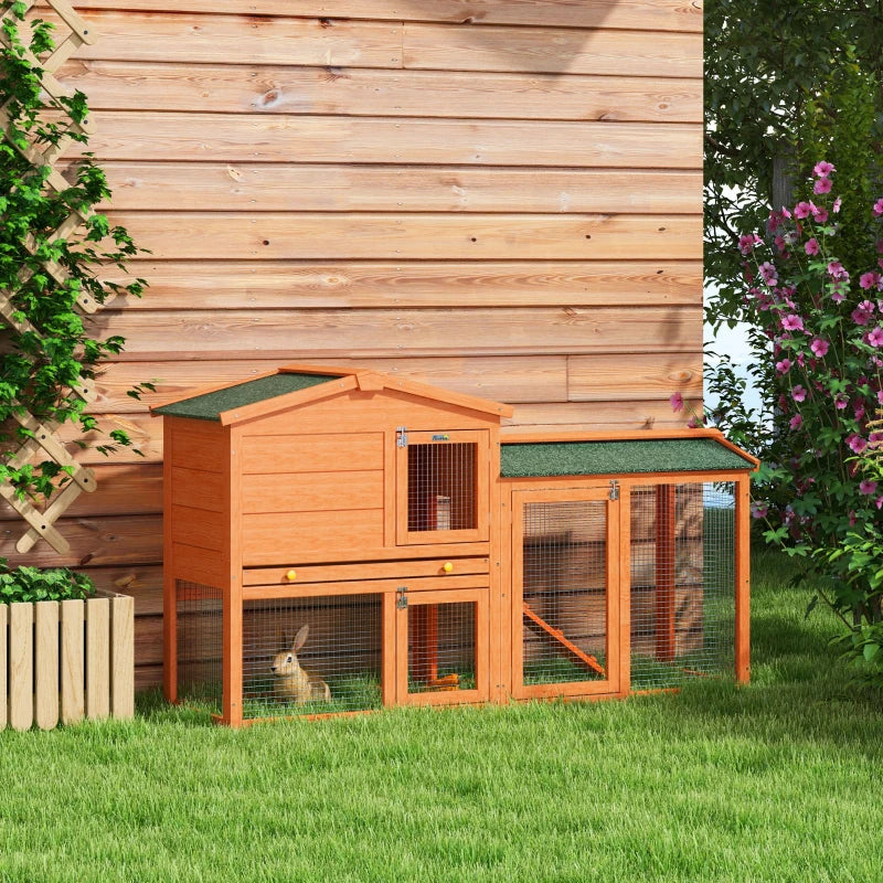 PawHut 2-Tier Wooden Rabbit Hutch with Outdoor Run, Ramp, Slide-Out Tray, for Garden and Yard, Orange - Pet House for Small Animals - ALL4U RETAILER LTD