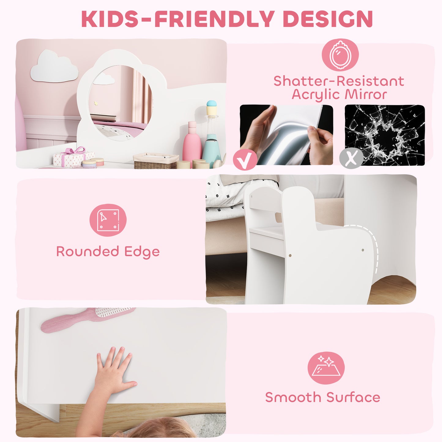 AIYAPLAY Kids Dressing Table With Mirror And Stool Vanity Table With Shelves For Ages 3 To 8 White