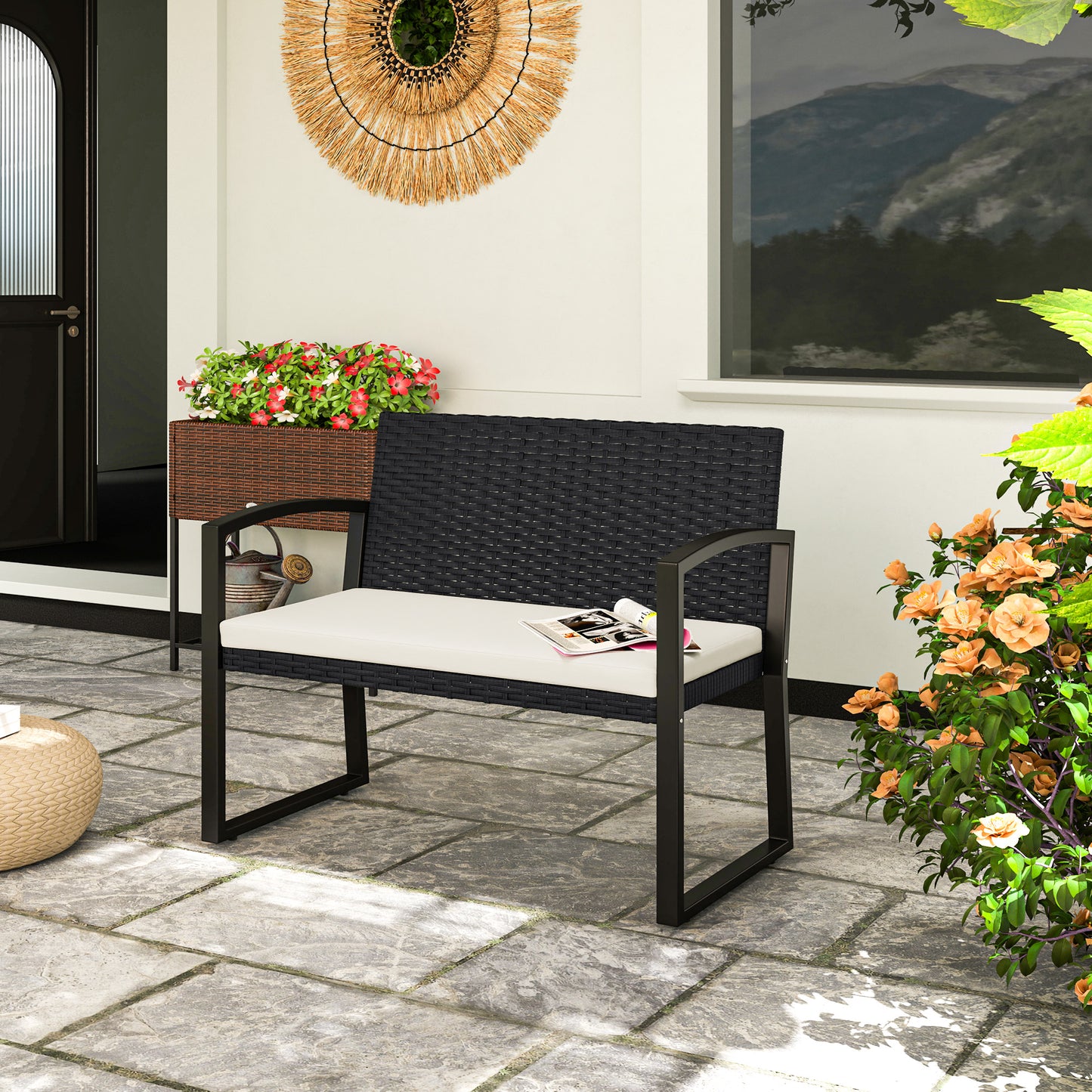 Outsunny Two Seater Rattan Garden Bench Beige Cushioned Seat With Powder Coated Steel Frame