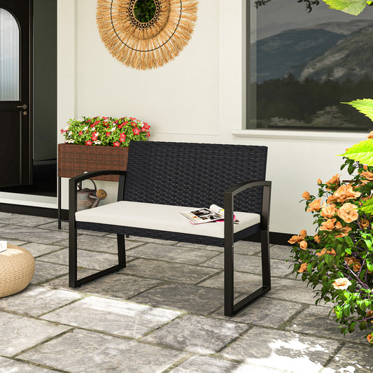 Outsunny Two Seater Rattan Garden Bench Beige Cushioned Seat With Powder Coated Steel Frame