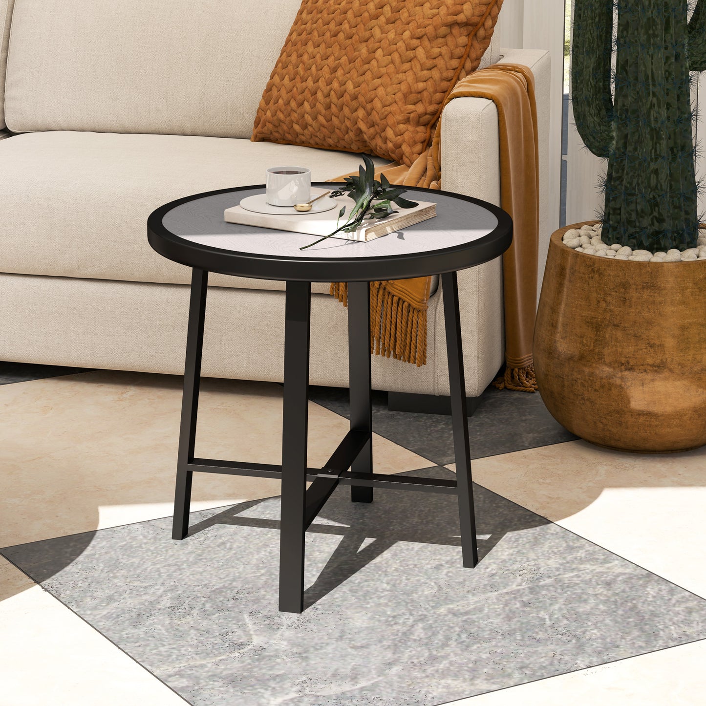 Outsunny Round Garden Table 50.5cm With SPC Tabletop Powder Coated Metal Frame Grey Wood Effect Anti Slip Feet