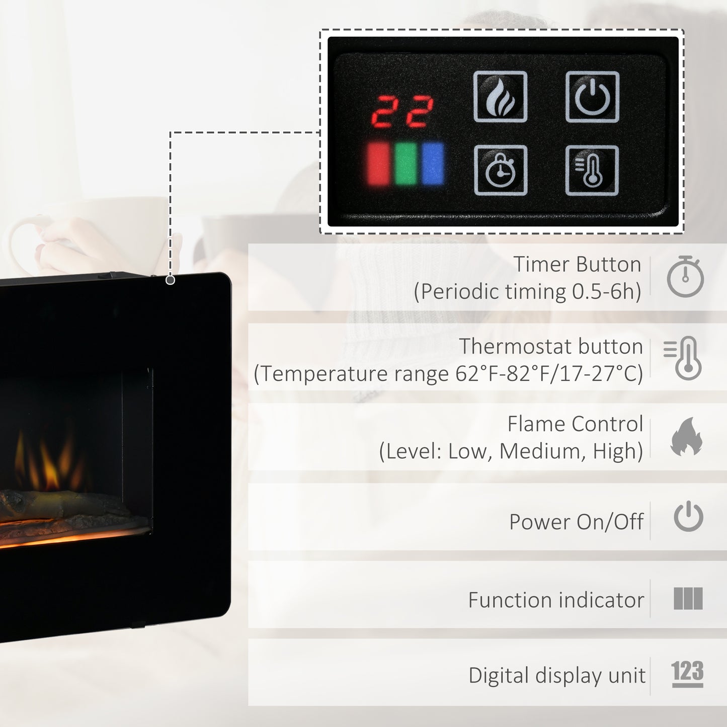 HOMCOM Wall-Mounted Electric Fireplace Heater with Remote Control, Adjustable Flame & Timer, 1800/2000W, Black Finish - ALL4U RETAILER LTD