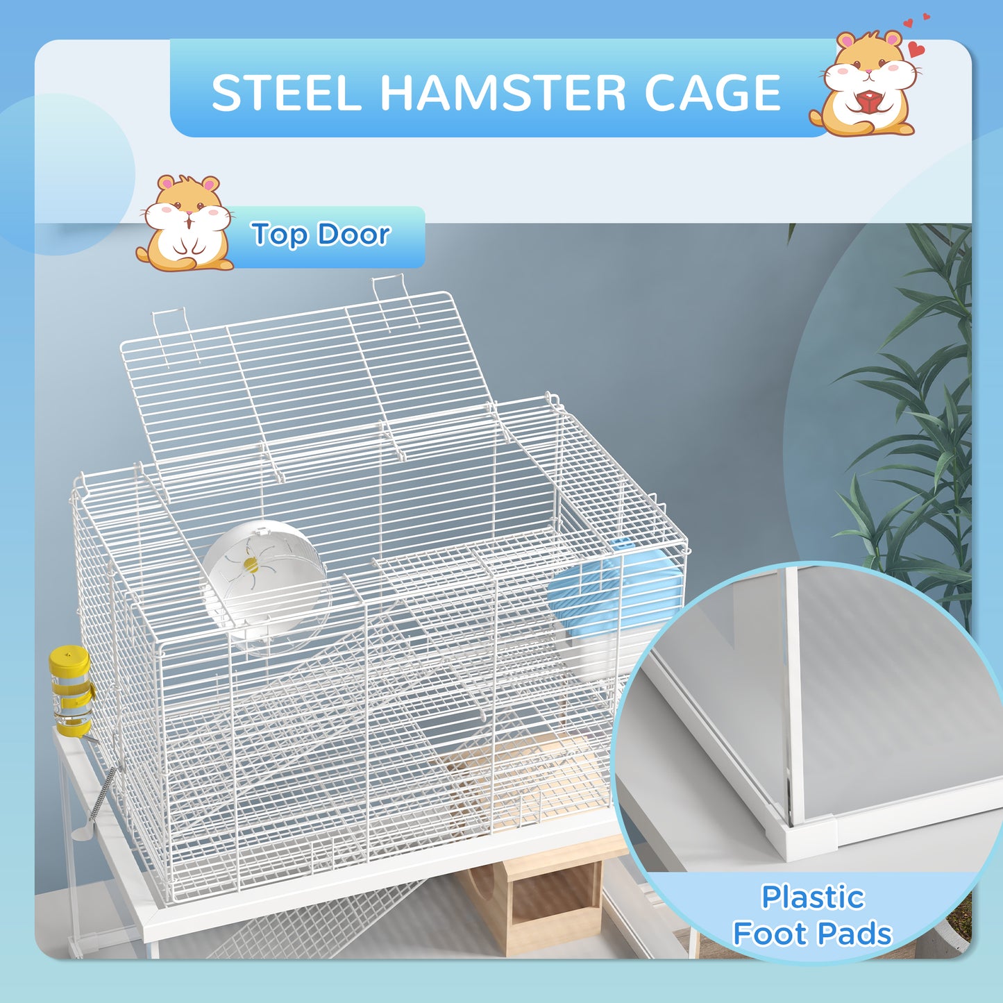 PawHut Three-Level White Gerbil and Dwarf Hamster Cage with Glass Base, Exercise Wheel, Ramp, and Hut - ALL4U RETAILER LTD