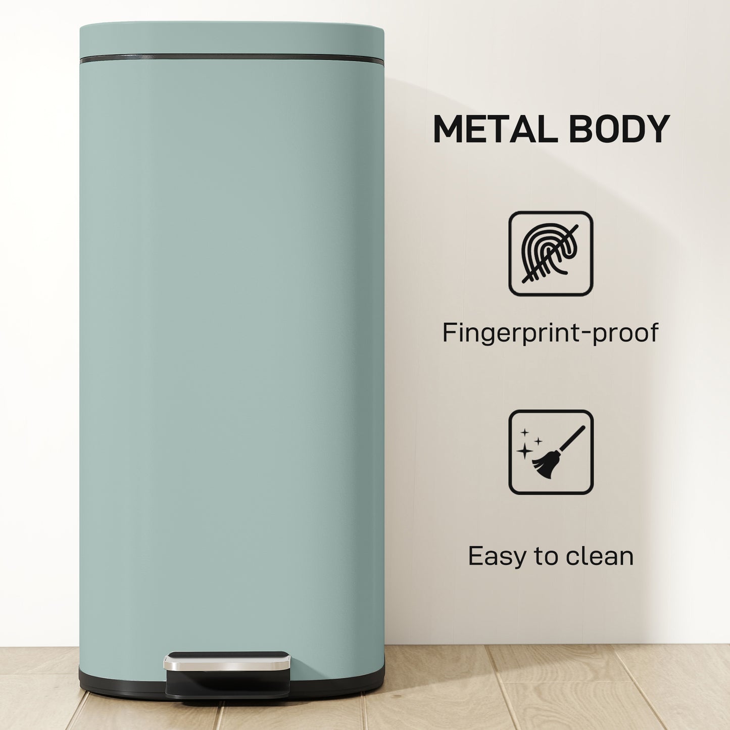 HOMCOM 30L Compact Pedal Kitchen Bin With Soft Close Lid And Stay Open Feature Removable Bucket For Kitchen Office Green