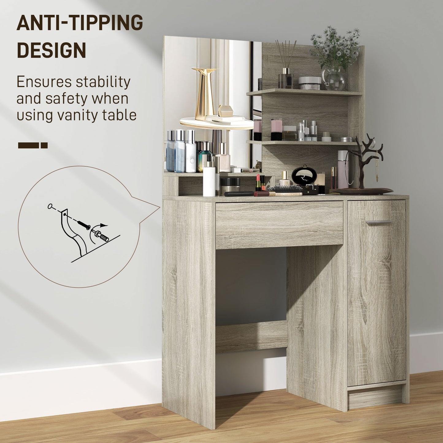 HOMCOM Dressing Table And Stool Set With Storage Mirror Drawer And Cupboard With Wood Effect Finish