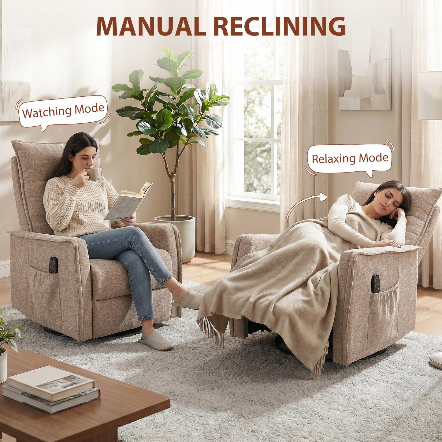 HOMCOM Chenille Recliner Armchair With Massage And Heat 360 Degree Swivel Manual Rocking Chair Brown