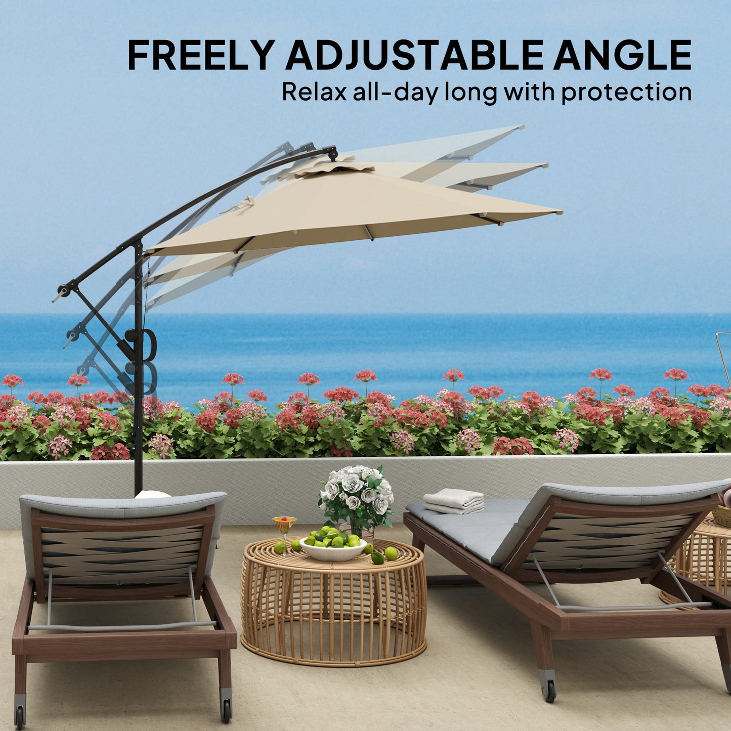 Outsunny 3m Cantilever Garden Parasol With Cover And Wind Protection Strap Overhanging Umbrella Crank Tilt UPF50 Khaki
