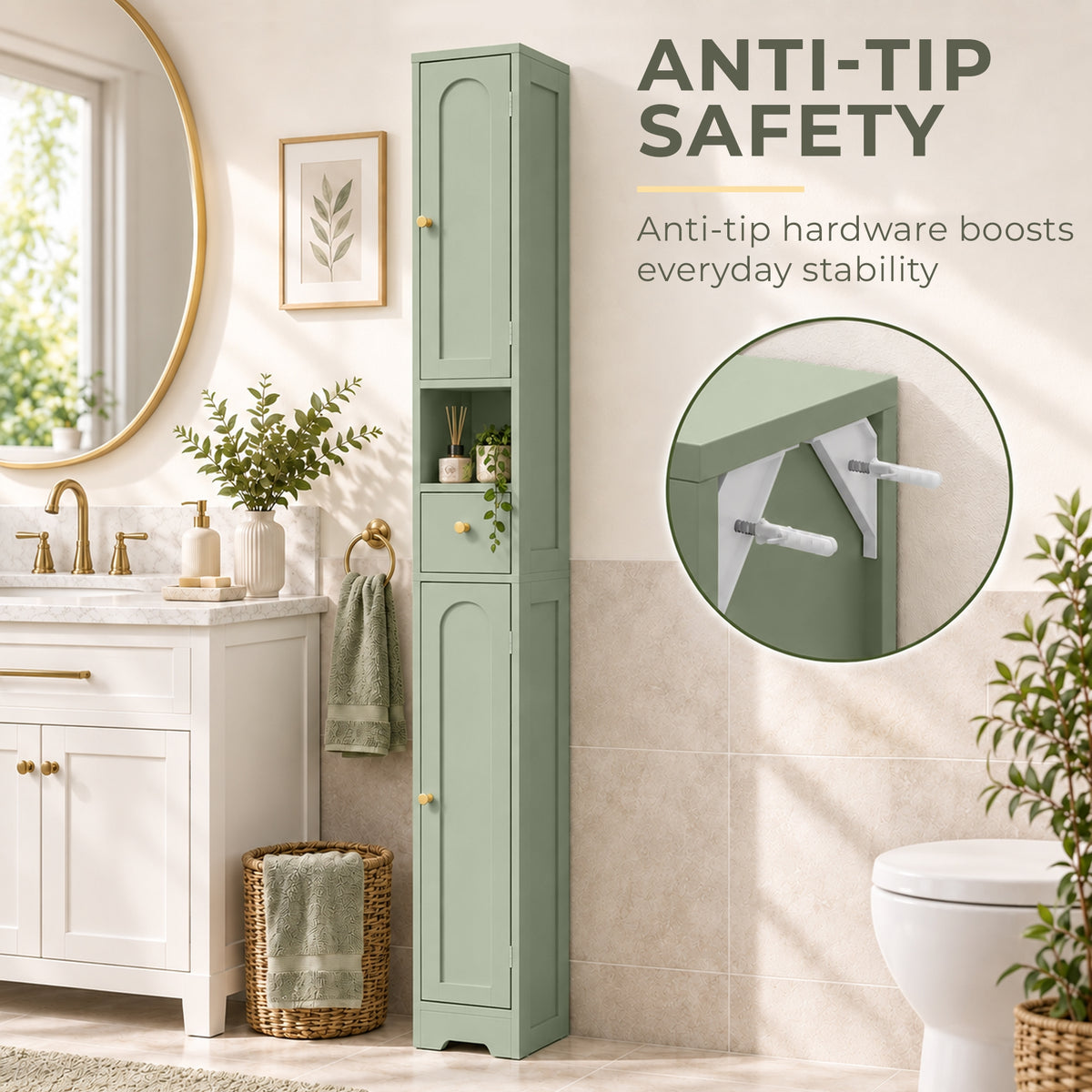 Light green tall bathroom cabinet with arched doors and open shelves for toiletries.