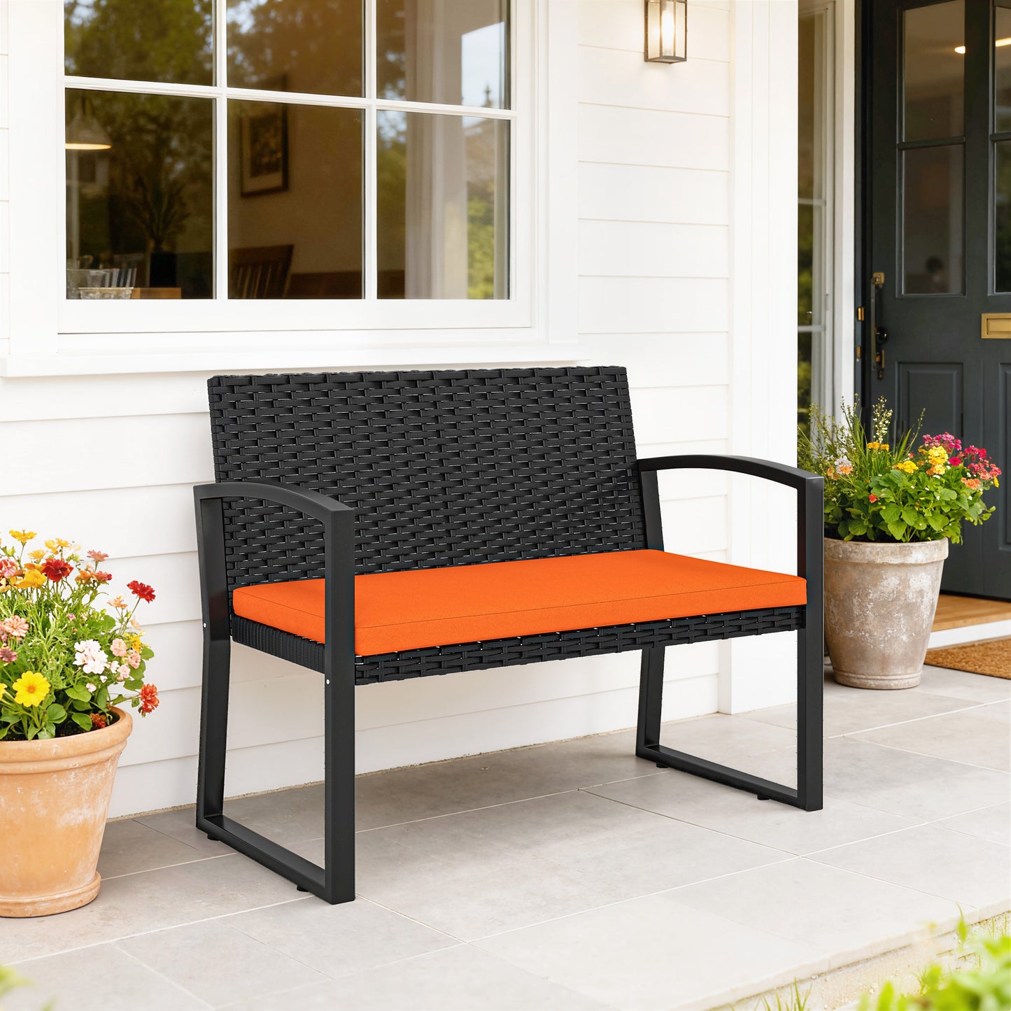 Outsunny Two Seater Rattan Garden Bench With Cushioned Seat Orange Powder Coated Steel Frame