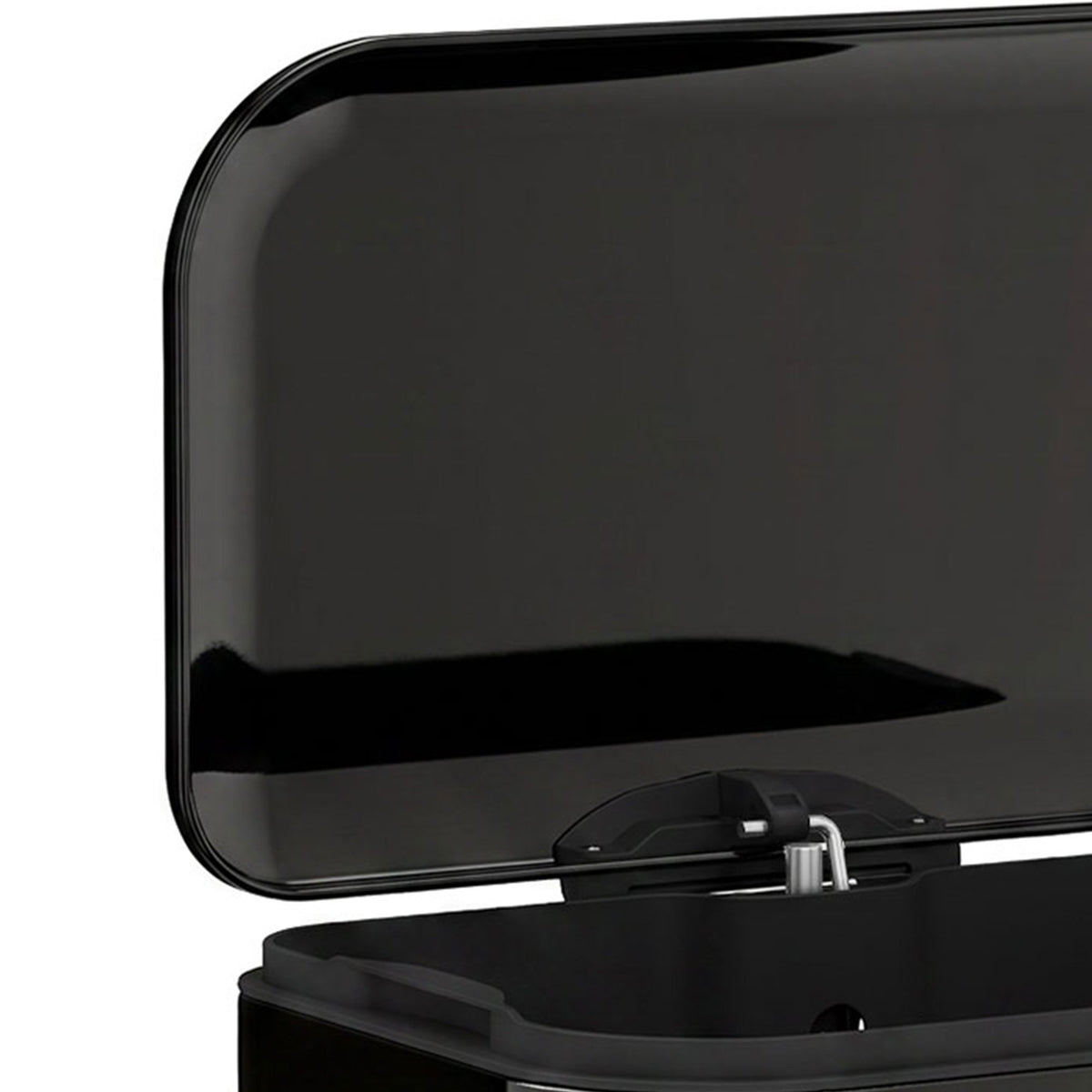 Black pedal bin lid and hinge detail, soft-close style