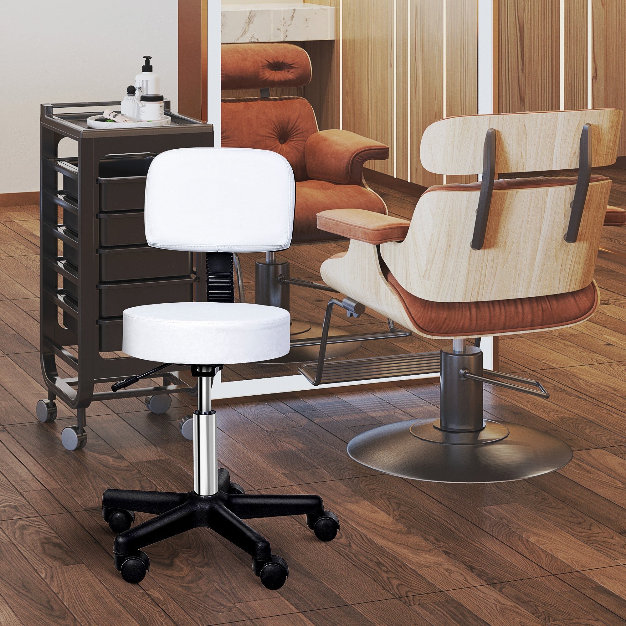 range of modern salon equipment and furniture including wood chair, white salon stool and storage drawers