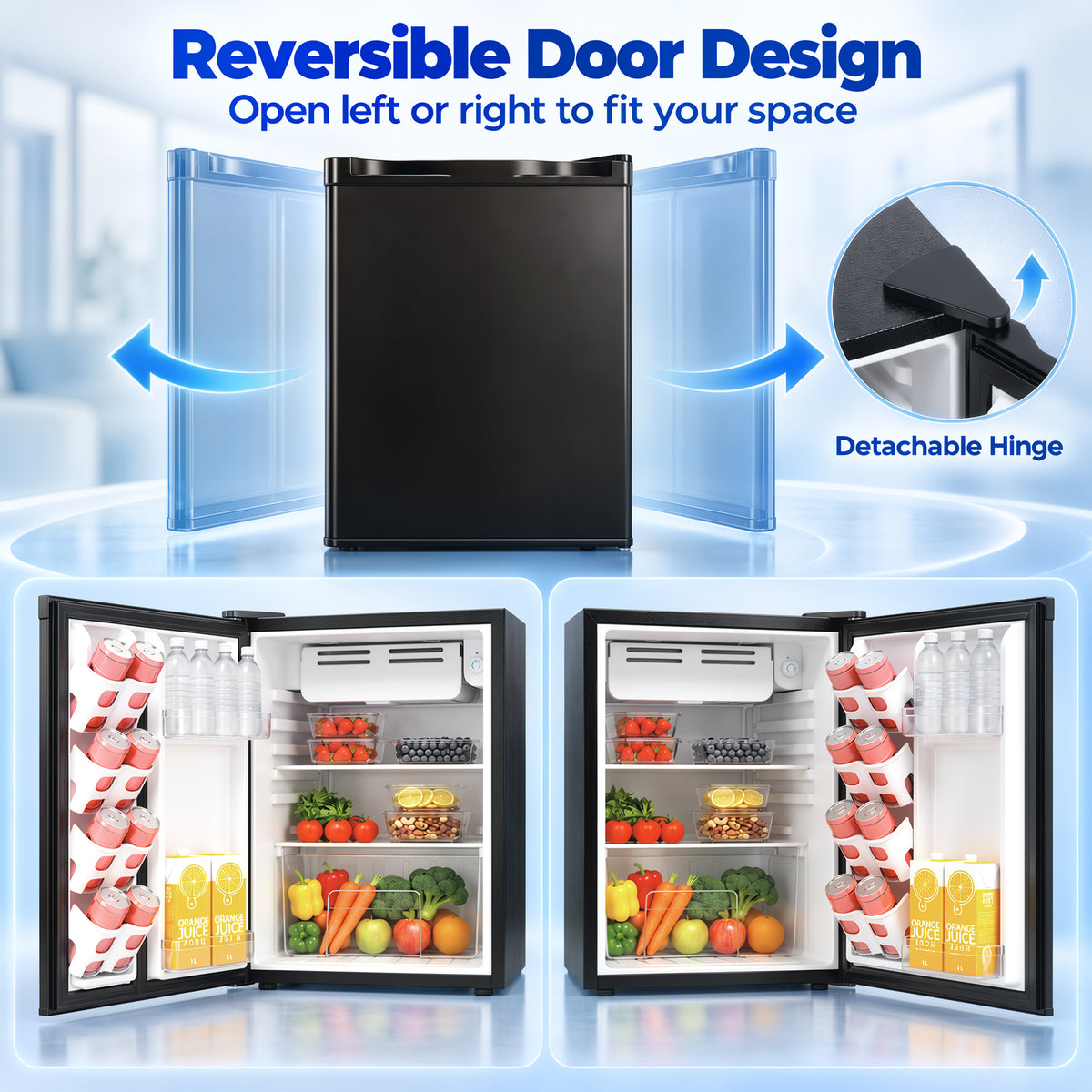 Black mini fridge with reversible door design and detachable hinge