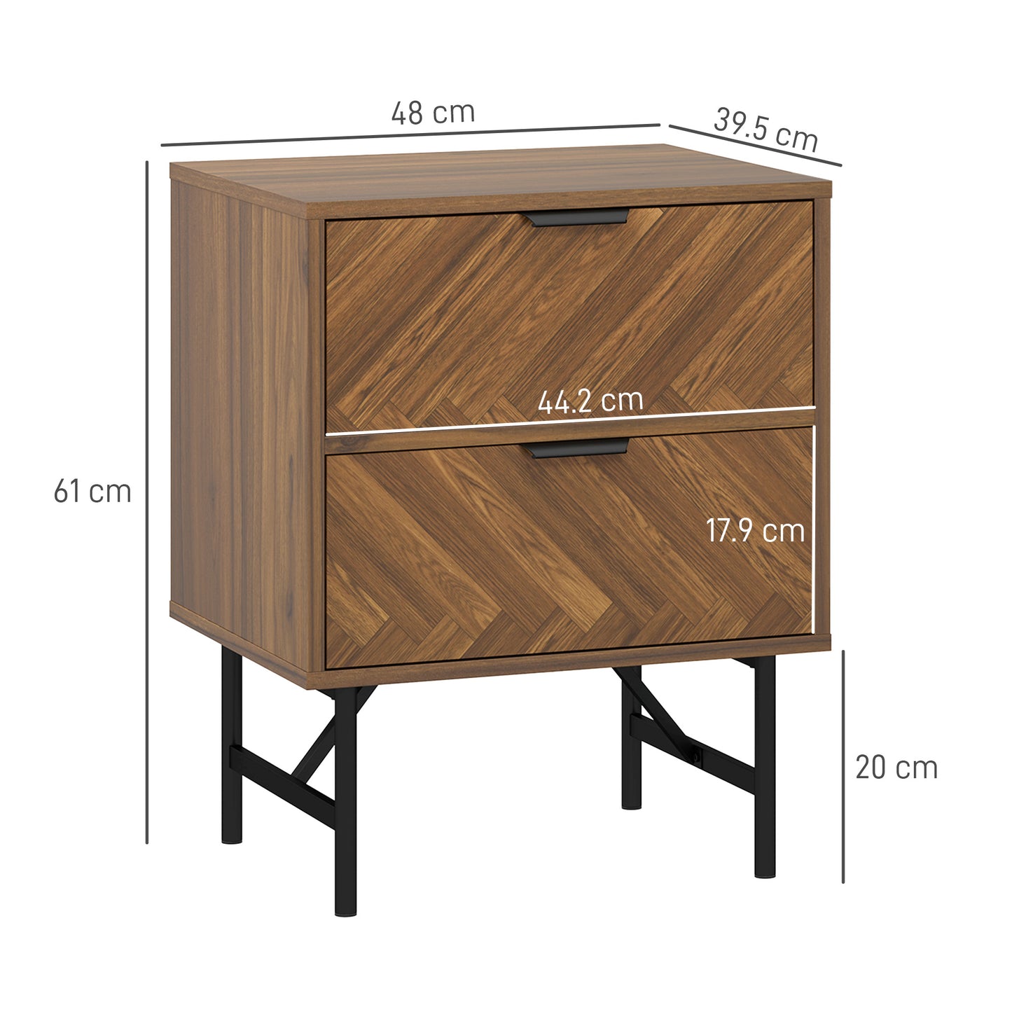 HOMCOM Bedside Table Set Of 2 With 2 Drawers Herringbone Pattern And Metal Legs Walnut Brown For Bedroom And Living Room