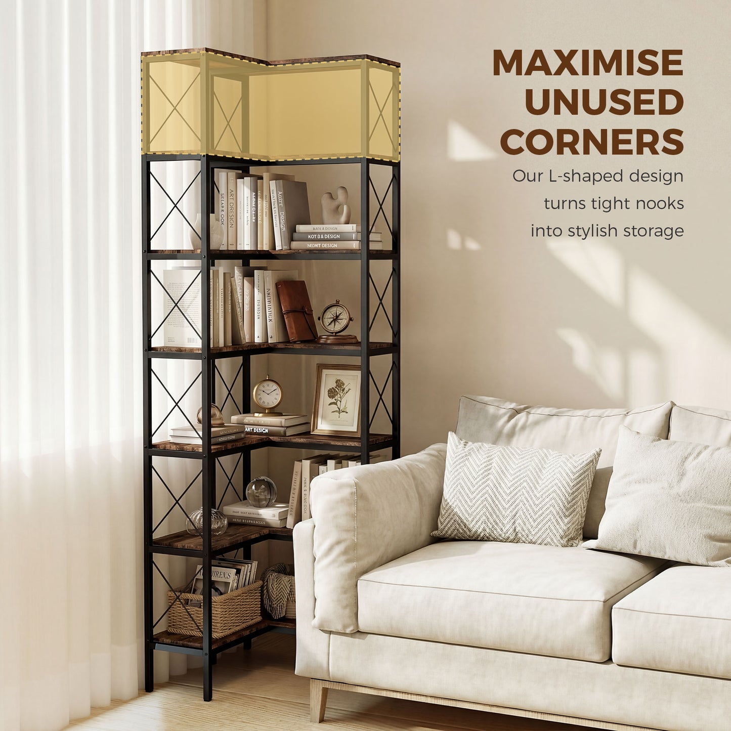 HOMCOM 200 cm Industrial 6 Tier L Shaped Bookshelf Freestanding Corner Bookcase With Metal Frame Rustic Brown Finish