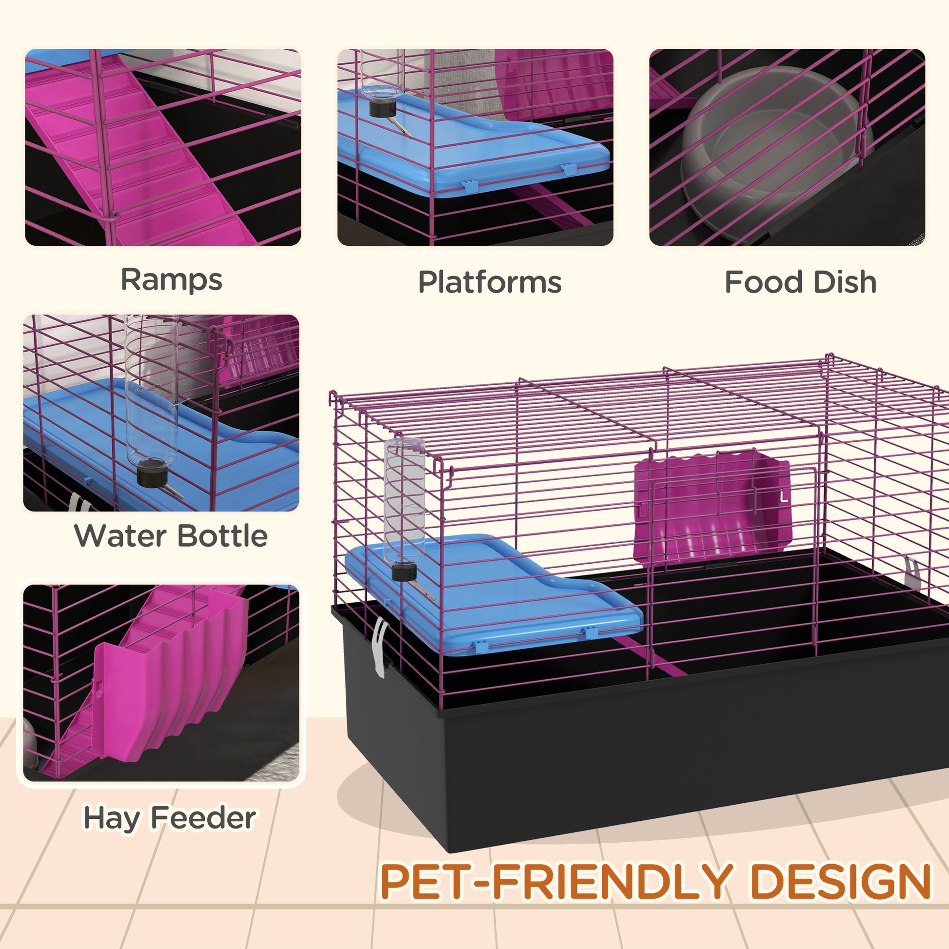 PawHut Compact Small Animal Habitat with Ramp and Platform for Chinchillas, Rabbits, and Guinea Pigs - 71 x 46 x 47 cm - ALL4U RETAILER LTD