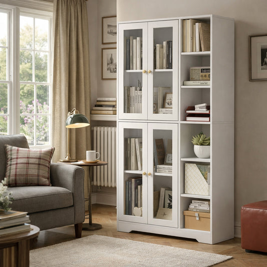 HOMCOM Glass Door Kitchen Cabinet With Multi Storage White Wood Effect For Living Room Display And Storage