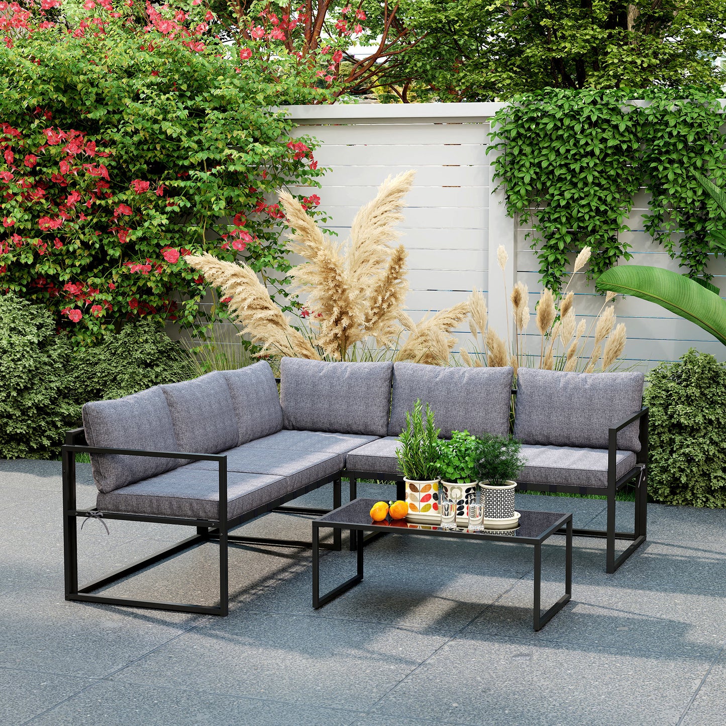 Outsunny L Shaped Garden Furniture Set With Cushions Three Piece Outdoor Patio Sofa Loveseat And Coffee Table In Grey