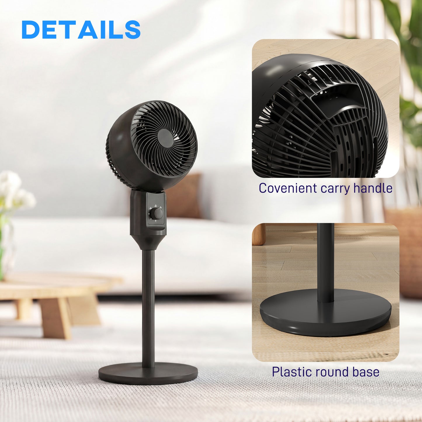HOMCOM Air Circulator Pedestal Fan 9 Inch Black With Carry Handle 3 Speed Oscillating