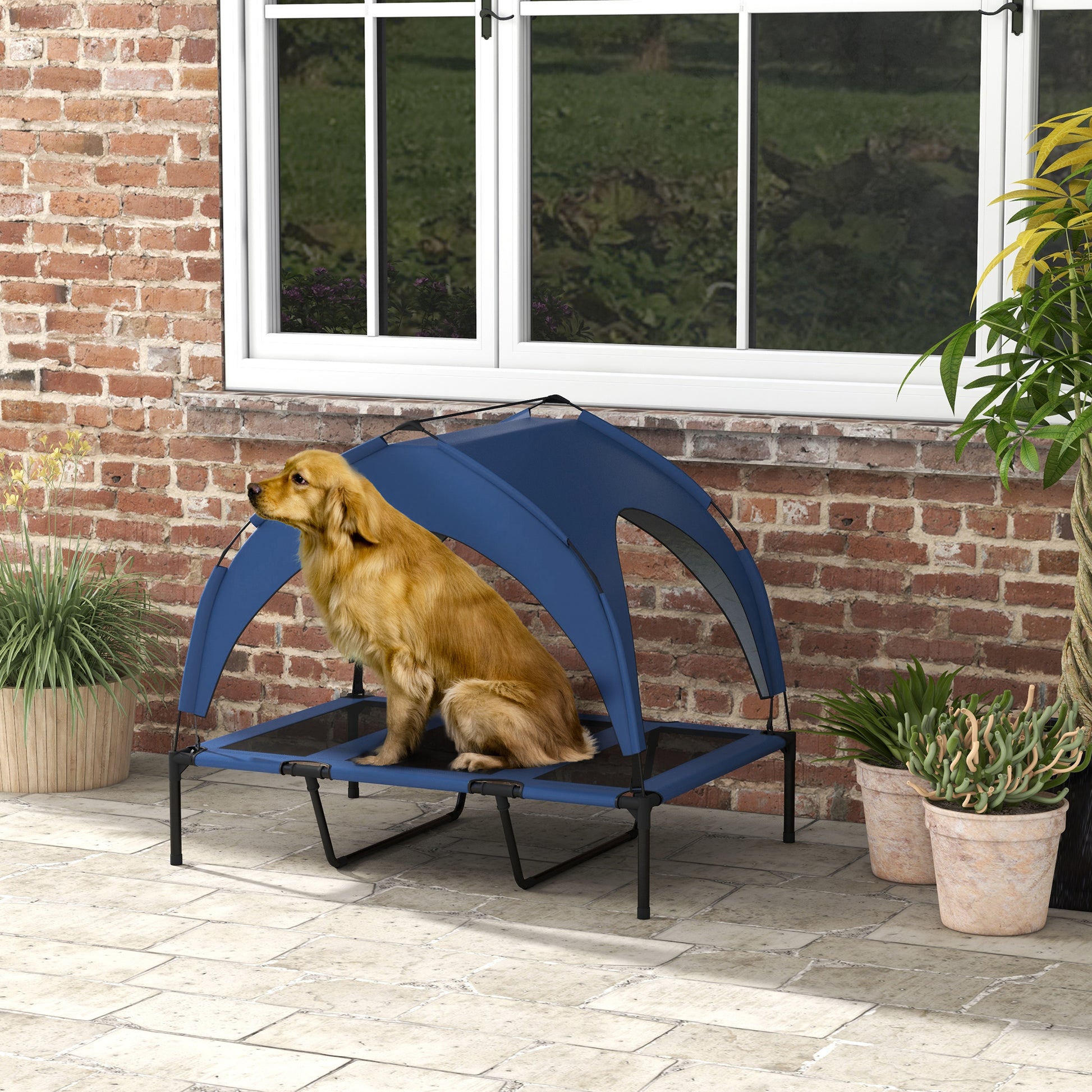 PawHut Elevated Cooling Pet Bed with Washable Mesh Canopy for Large Dogs, 106 x 76 x 94cm, Navy Blue - ALL4U RETAILER LTD