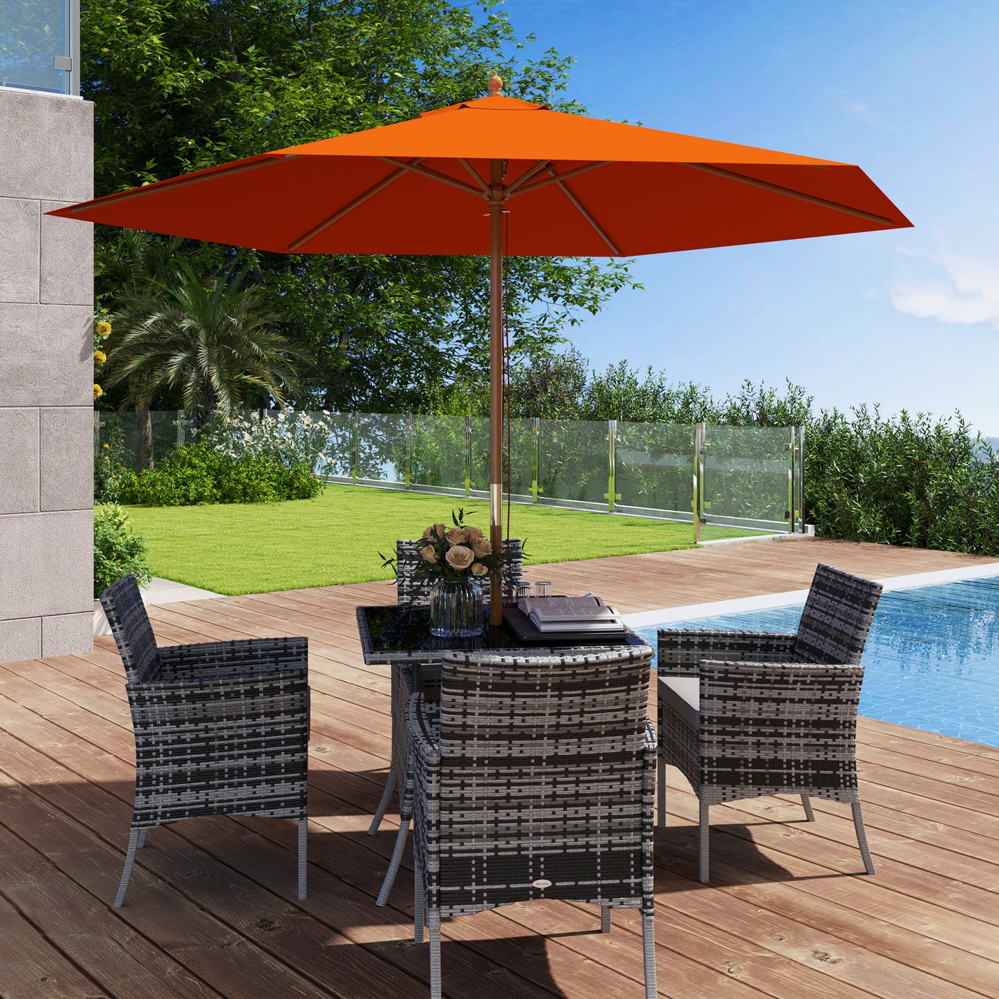 Outsunny 2.5m Wood Garden Parasol Sun Shade Patio Umbrella With Vent And Rope Pulley Mechanism 38mm Pole Orange