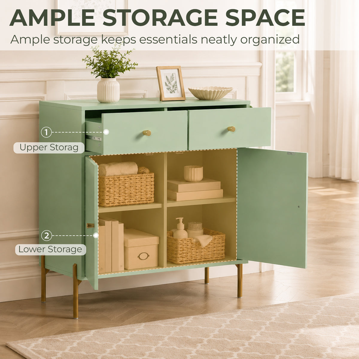 HOMCOM Light Green Sideboard Cabinet With 2 Drawers And Adjustable Shelves