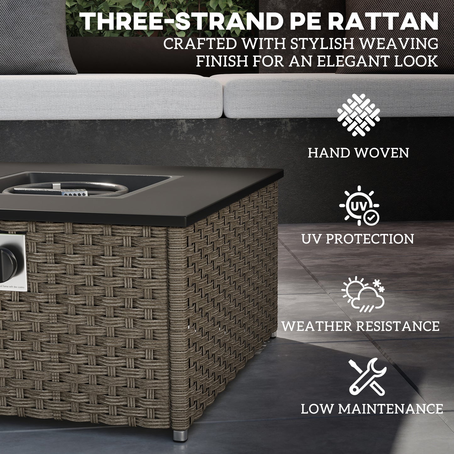 Outsunny Rattan Gas Fire Pit Table for Garden Square 58x58 cm with Lid 13 KW Smokeless Propane Patio Heater Grey