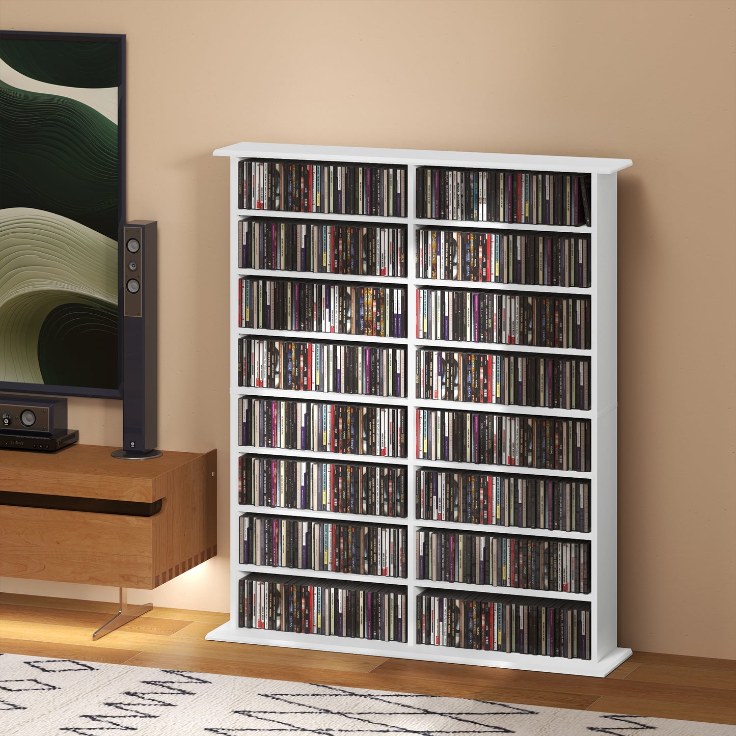 HOMCOM 16 Compartment White Media Shelf With 12 Adjustable Shelves For CDs DVDs Blu Rays Wall Straps Included