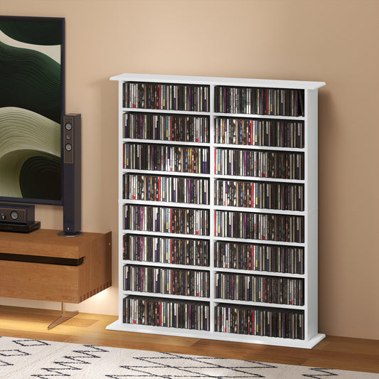 HOMCOM 16 Compartment White Media Shelf With 12 Adjustable Shelves For CDs DVDs Blu Rays Wall Straps Included